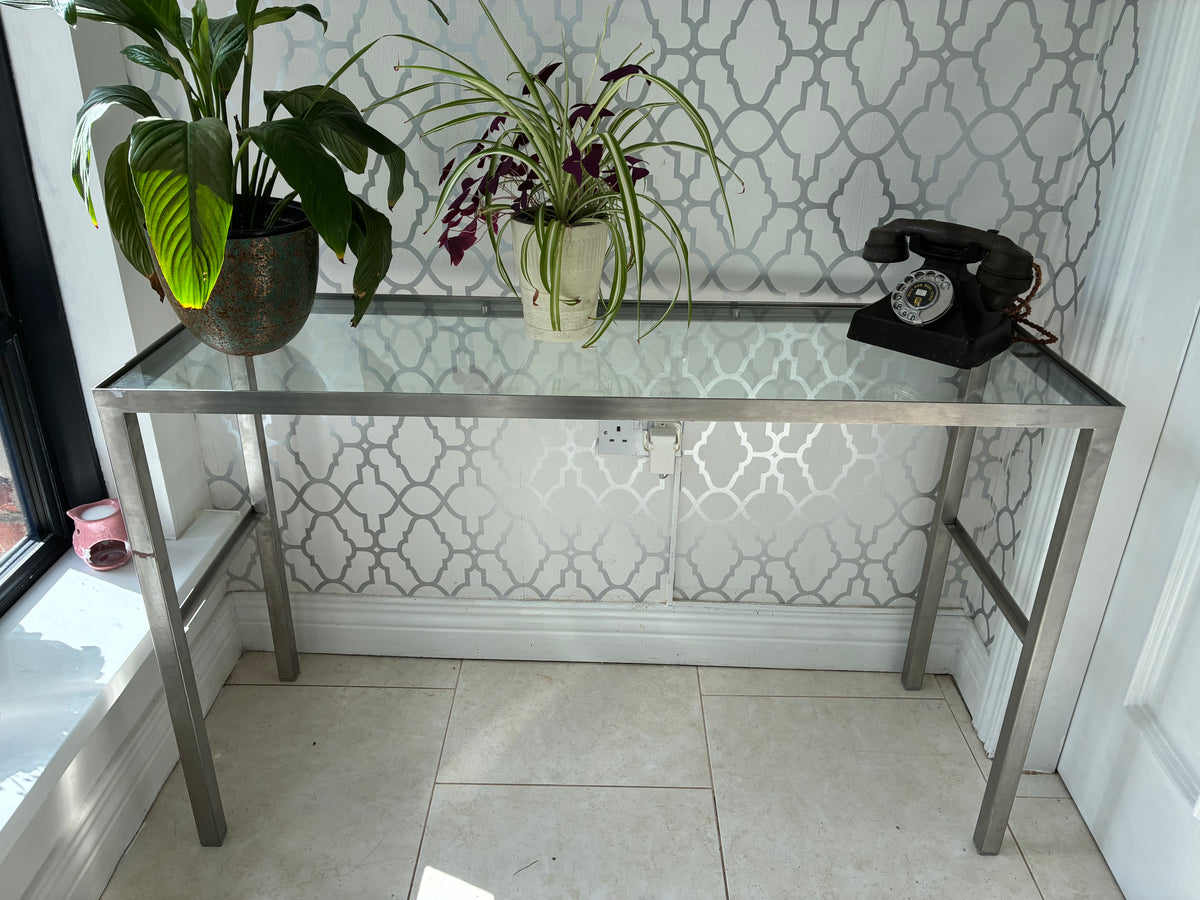 Mid-Century Chrome Framed Console Table with Glass Top.