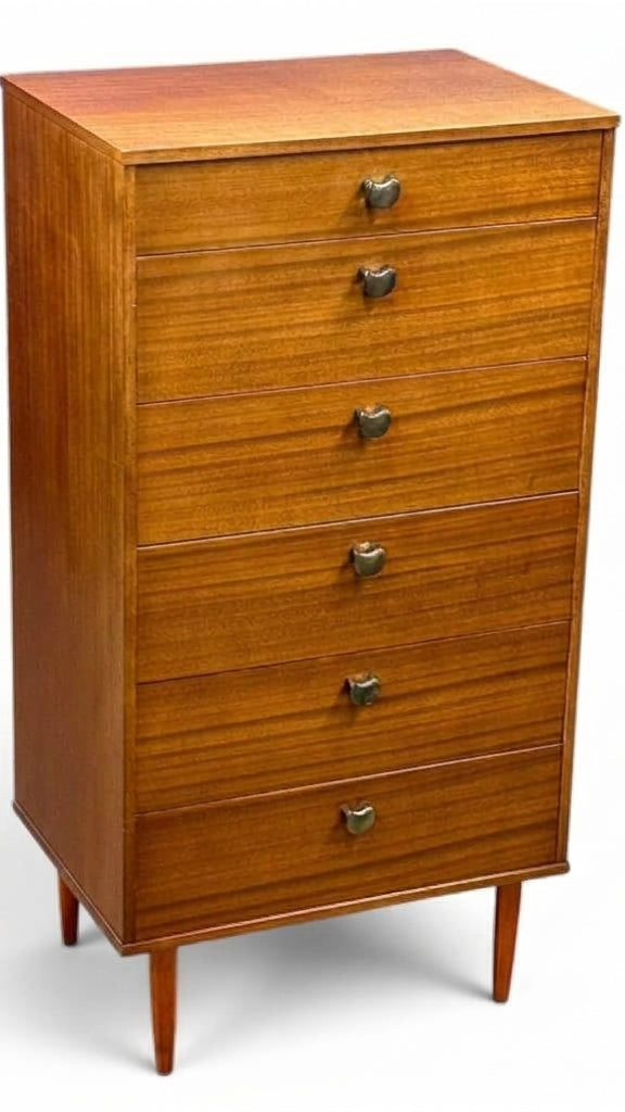A mid-century modern wooden chest of drawers with five drawers, featuring a warm reddish-brown wood grain finish and small brass pulls, shown on a white background.