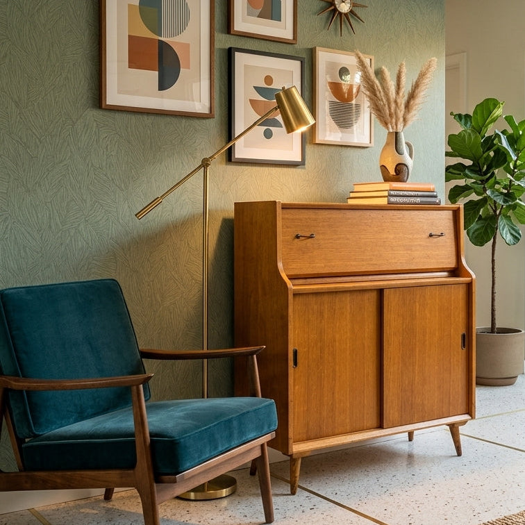 A mid-century modern interior scene featuring a teal velvet armchair, a wooden roll-top cabinet, framed abstract wall art, a floor lamp, and a large potted plant in a sunlit room with an open glass door looking out to a garden.