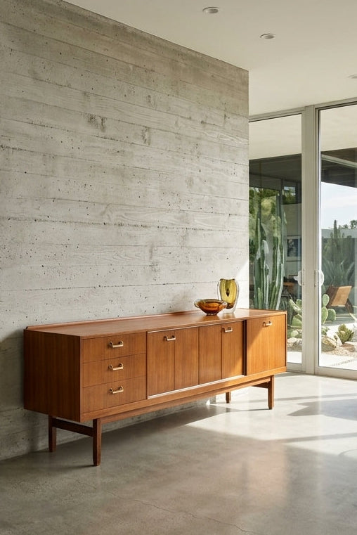 A mid-century modern wooden sideboard cabinet in a minimalist concrete and glass living space with a dining area and outdoor cactus garden visible.