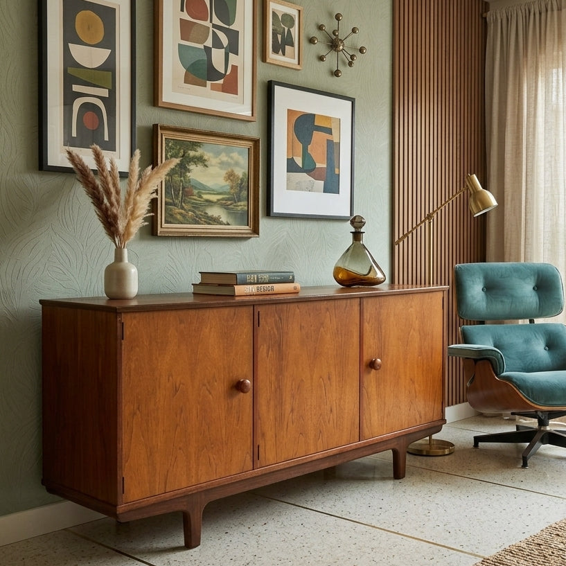 A mid-century modern wooden sideboard cabinet in a styled living room, next to a teal lounge chair, with framed abstract and landscape art on a sage green wall.