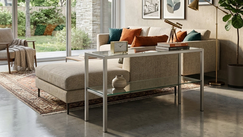 A modern living room featuring a beige sectional sofa with orange and teal cushions, a matching ottoman, a glass-top coffee table with a metal frame, framed wall art, a floor lamp, and a large potted plant in front of tall windows overlooking a garden.