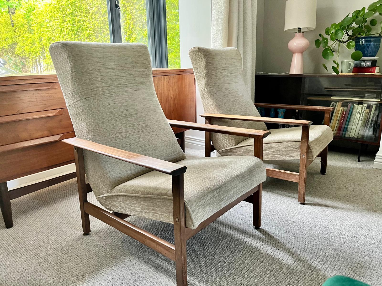 Pair of mid century armchairs with porridge fabric.