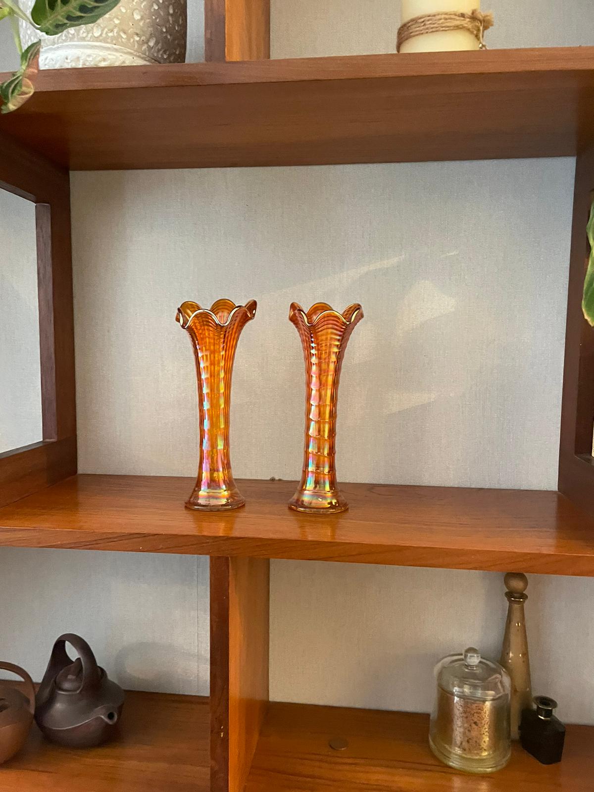 Pair of vintage marigold carnival glass vases