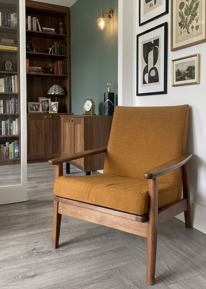 mid century armchair with mustard fabric - Grace & Joy Furniture