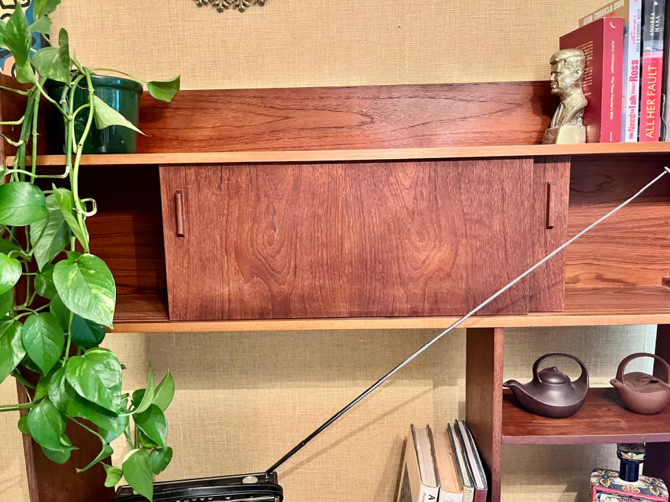 A mid-century modern wooden room divider or bookcase with a warm reddish-brown finish, styled with books, a small plant, and a hanging green leafy vine in a home interior.