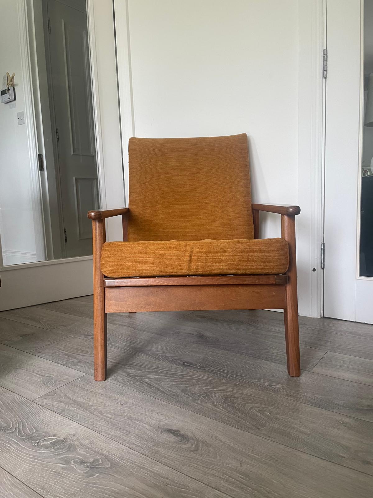 mid century armchair with a mustard cushion - Grace and Joy