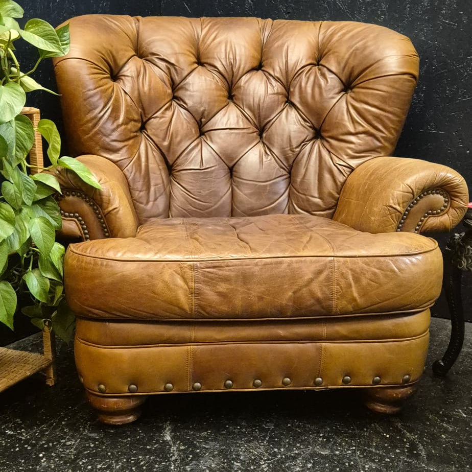 Large Victorian Style Deep Button Back Leather Armchair