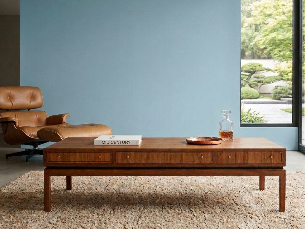 A mid-century modern wooden coffee table by Greaves & Thomas with three drawers and brass knobs, styled in a minimalist living room with a blue wall, a brown leather lounge chair, and a large window overlooking a garden by Grace & Joy Furniture
