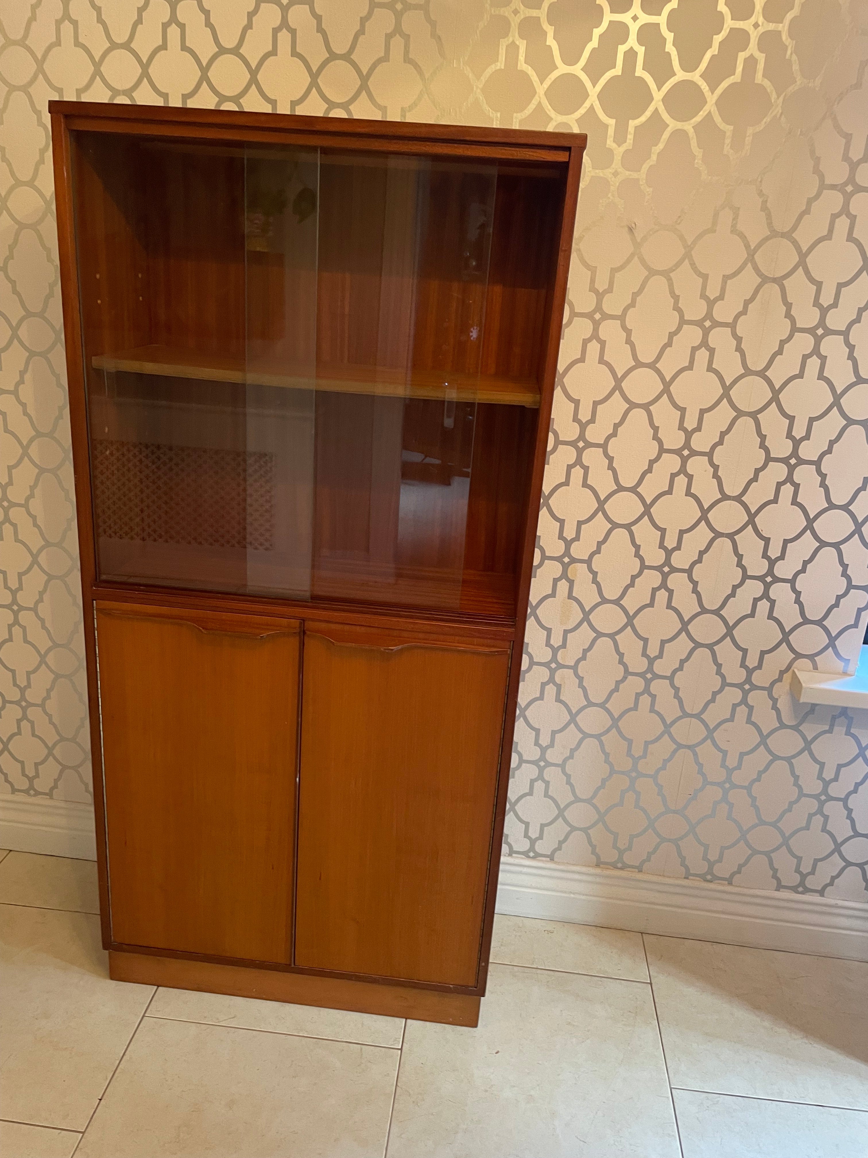 Mid Century Teak Bookcase with glass sliders