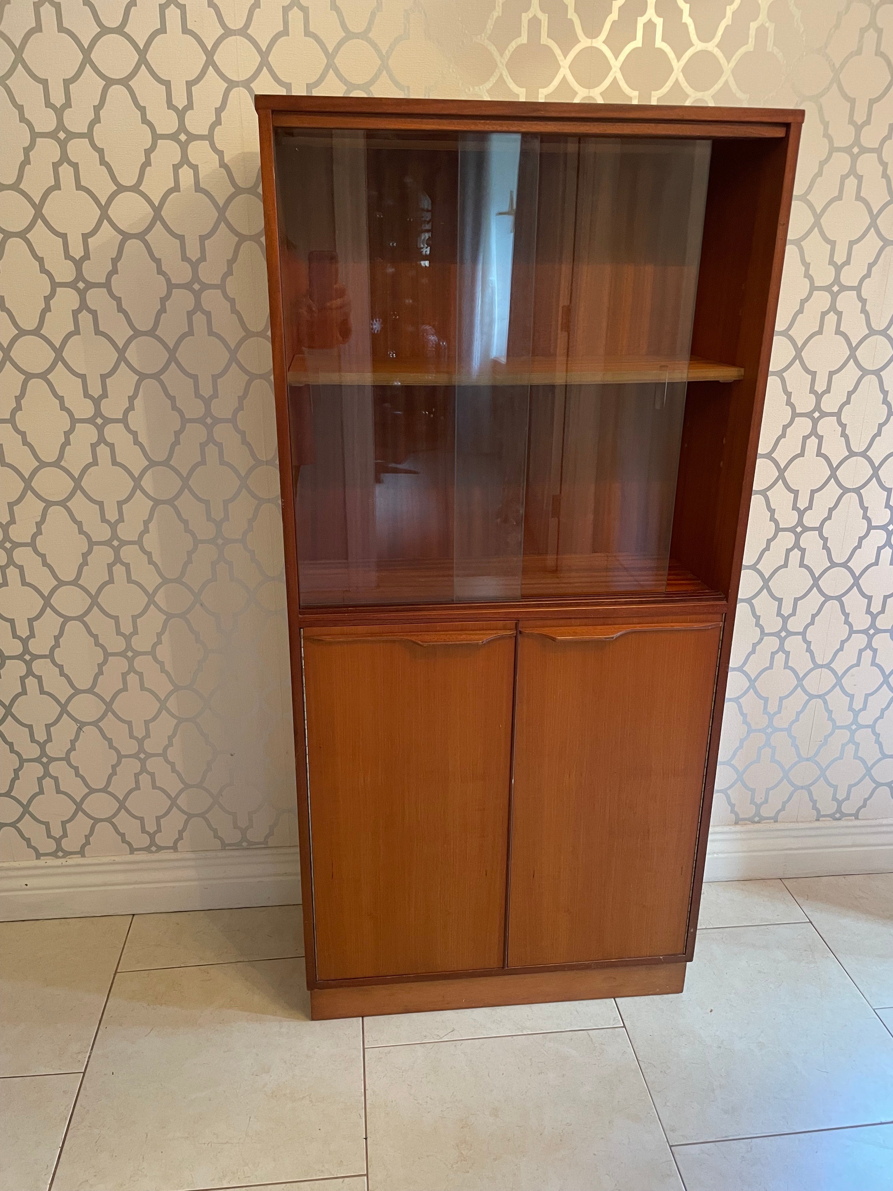 Mid Century Teak Bookcase with glass sliders