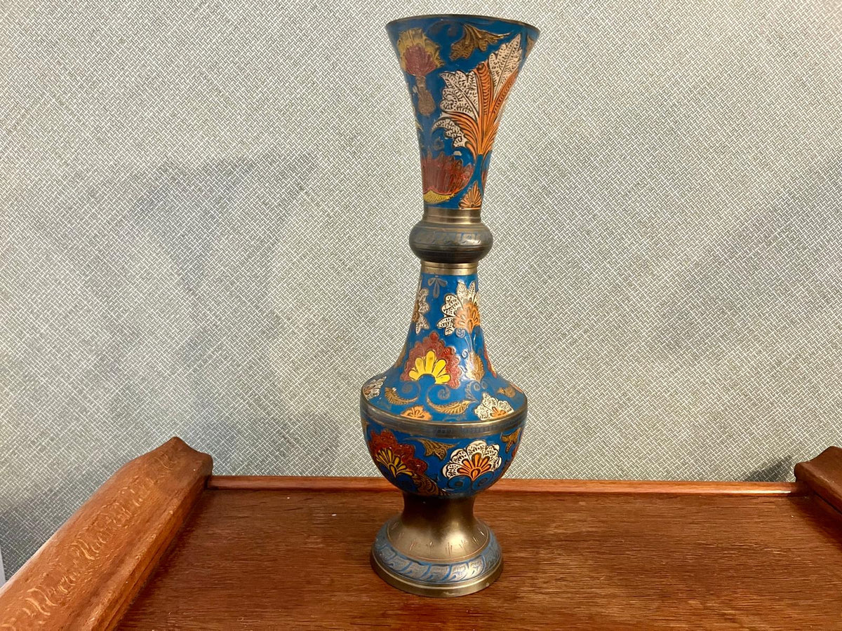 A pair of Indian enamelled brass vases
