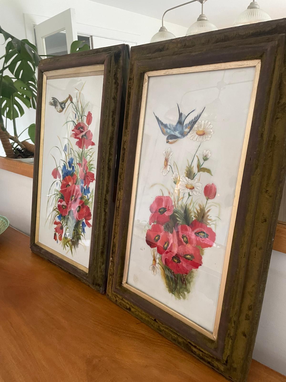Painted milk glass framed pictures