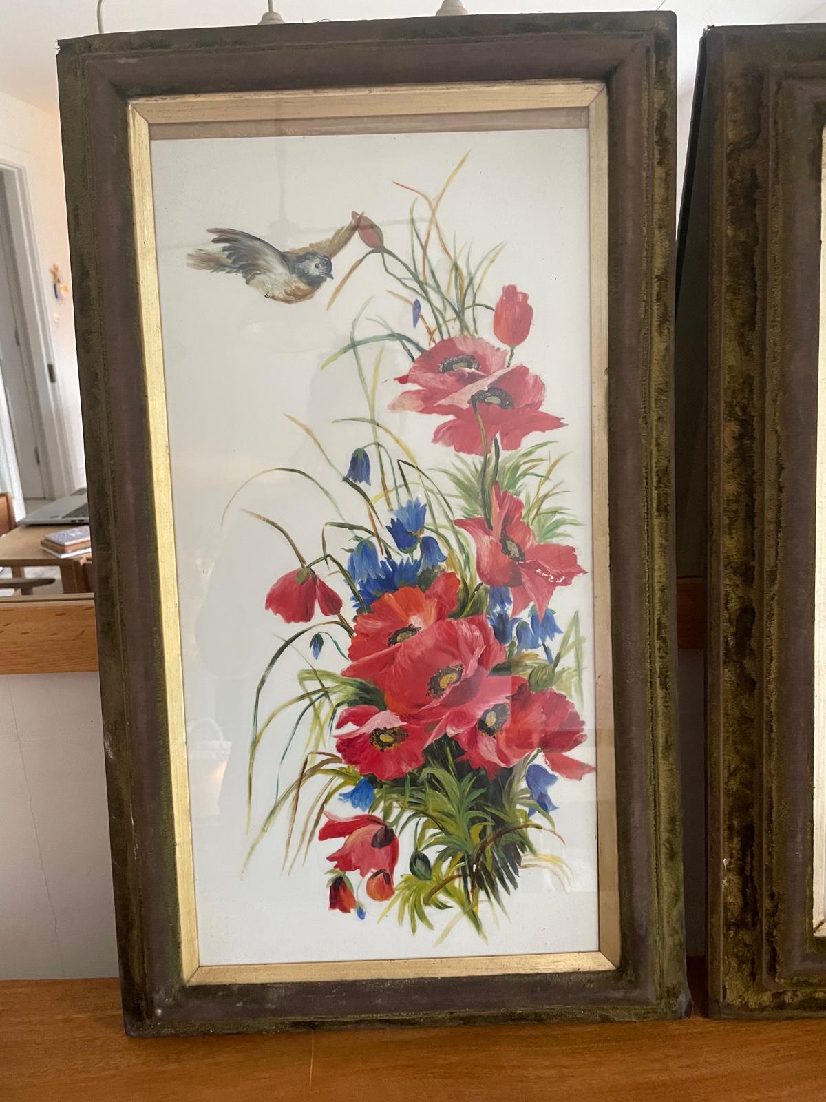 Painted milk glass framed pictures