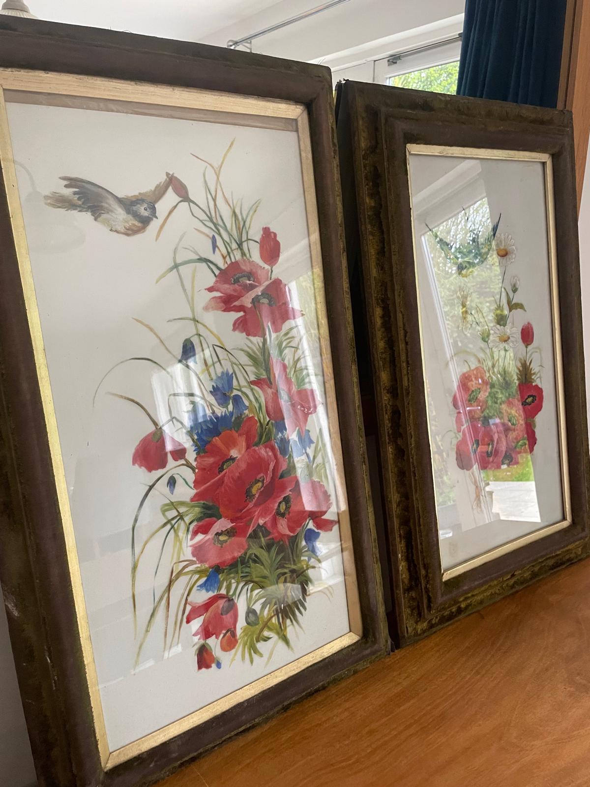 Painted milk glass framed pictures