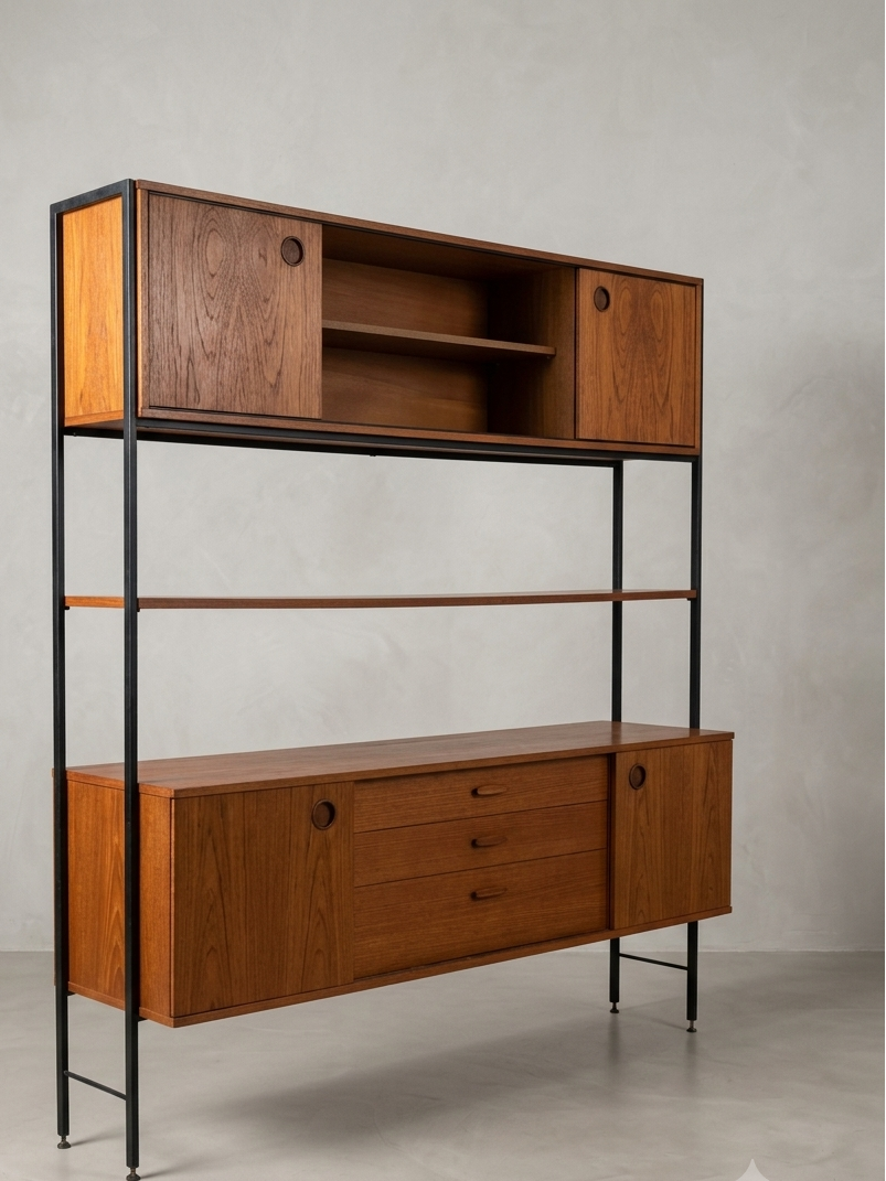 Restored mid-century modern wooden avalon credenza and hutch with a black metal frame, featuring a top cabinet-and-shelf section and a lower drawer-and-door cabinet section, photographed against a neutral gray studio backdrop.