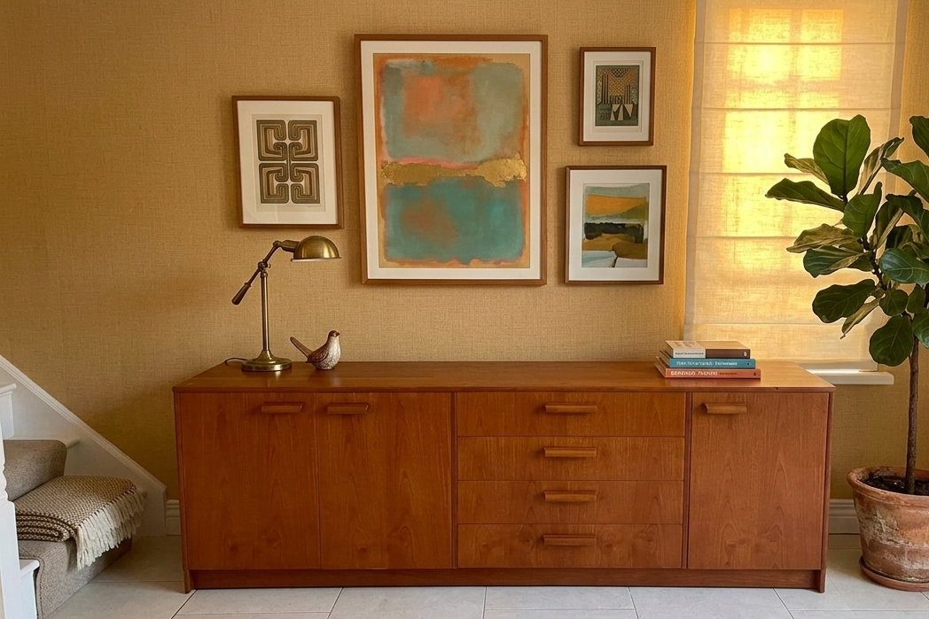 A mid-century S Form modern wooden credenza or sideboard cabinet in a warm medium brown finish, styled in a living room setting against a textured ochre wall with framed art, a brass desk lamp, and a large potted fiddle-leaf fig plant by Grace & Joy.