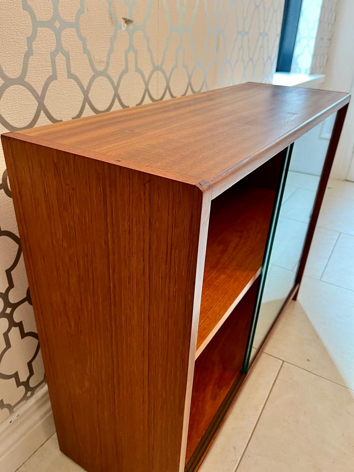 Small Teak Bookcase with Glass Sliding Doors