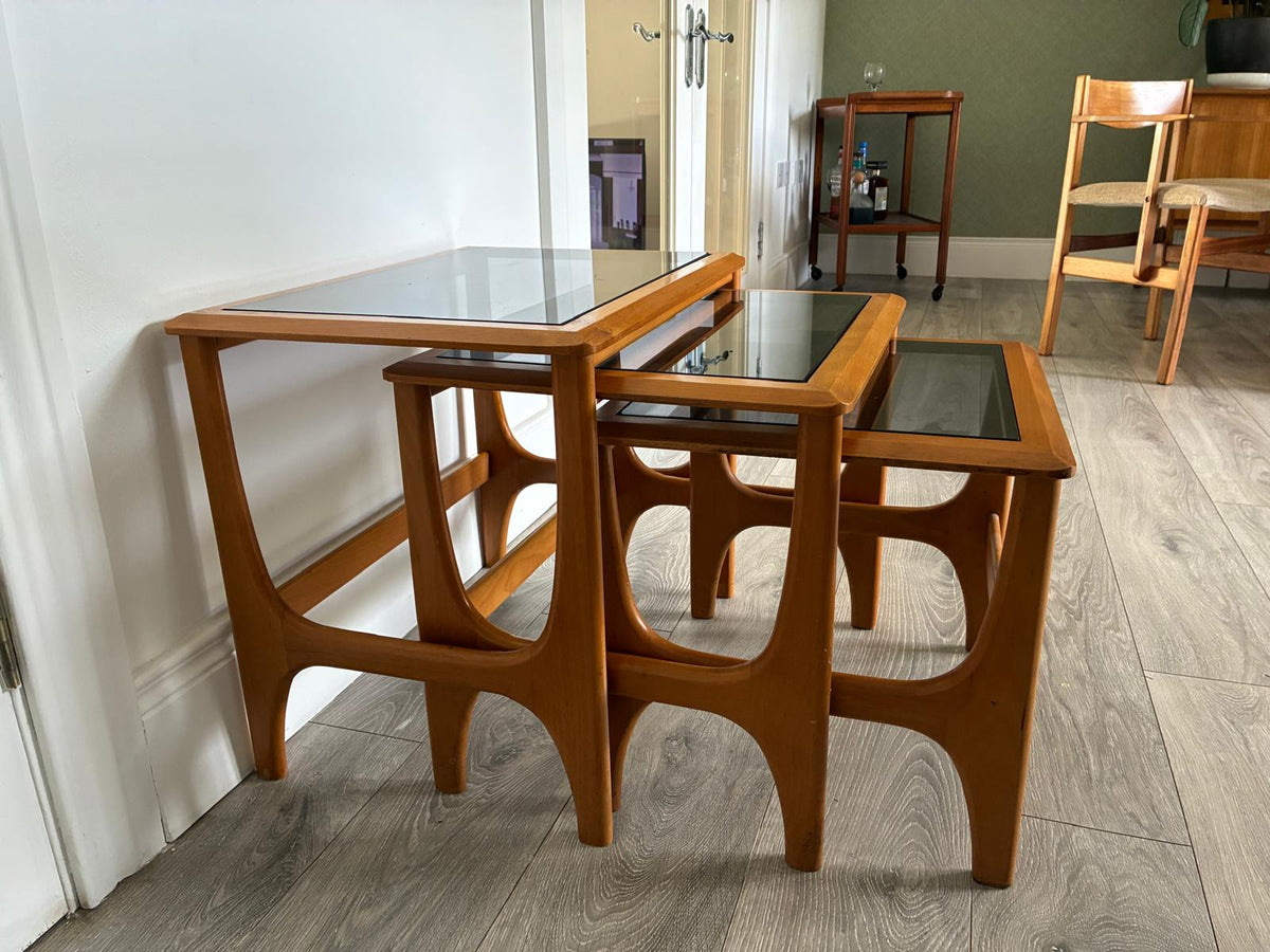 Stonehill Stateroom beech nest of tables, stacked, mid-century style