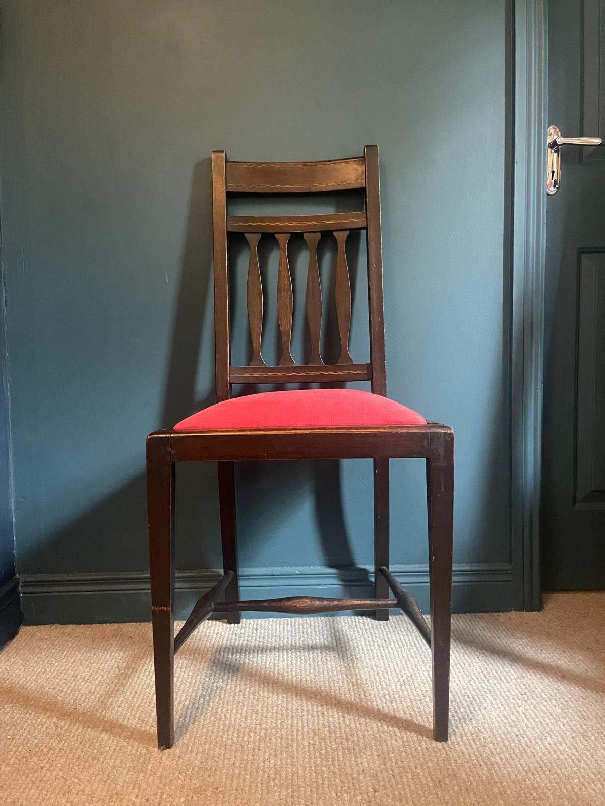 vintage arts and crafts dining chairs with red cushion - Grace and Joy