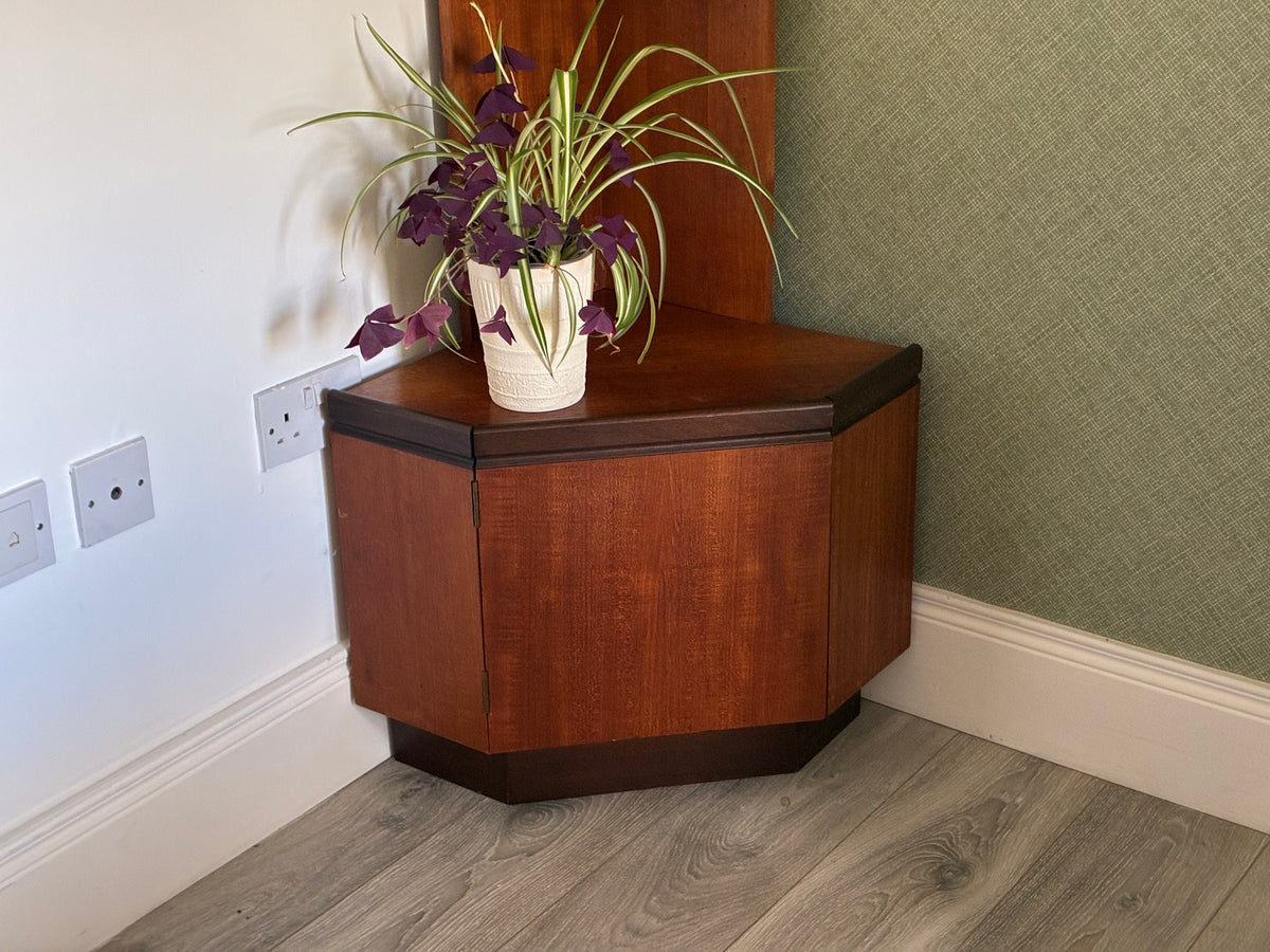 A corner wooden g plan corner unit with a warm reddish-brown finish and dark trim, styled with a potted plant in a white pot, set in a room with a green textured wall and gray wood-look flooring.