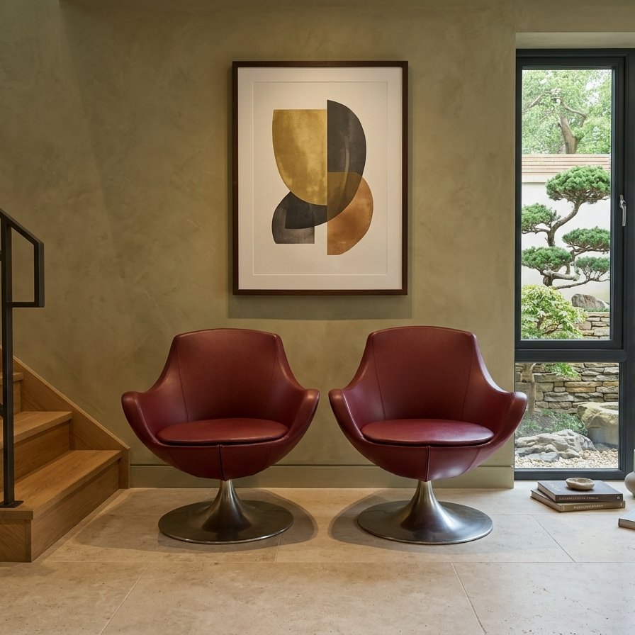Pair of Red mid century swivel egg chairs
