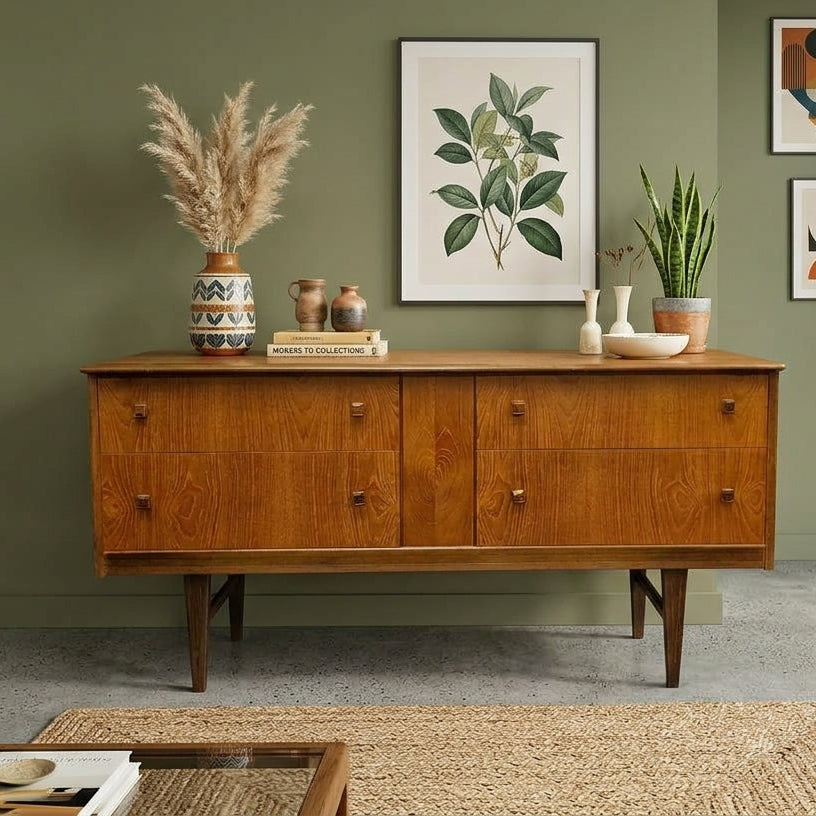 A mid-century modern wooden sideboard cabinet in a warm medium brown finish, styled in a living room setting against an olive green wall with framed botanical and abstract art.