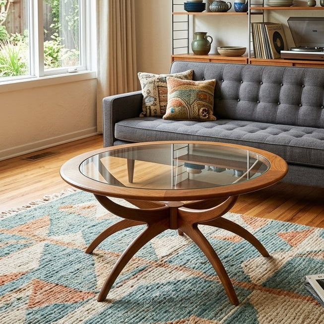 A styled living room scene showing a mid-century modern round coffee table with a glass top and wooden starburst base, along with a gray tufted sofa, patterned pillows, shelving, and a rug. Two inset close-ups highlight the table top edge and the wooden starburst base detail.