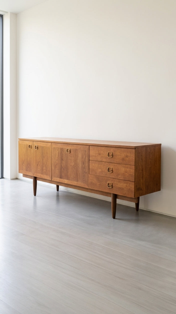 A mid-century modern wooden sideboard with three cabinet doors and four drawers, set against a minimalist off-white wall and light gray wood-look flooring.