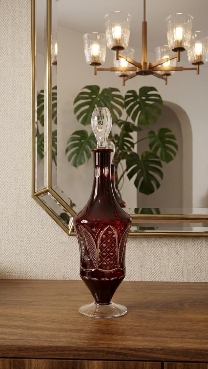 A vintage Bohemian style ruby glass decanter