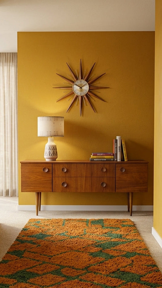 A long shag area rug with an orange and green geometric pattern lies on a beige carpeted floor in a hallway with mustard yellow walls and a mid-century modern wooden console table.