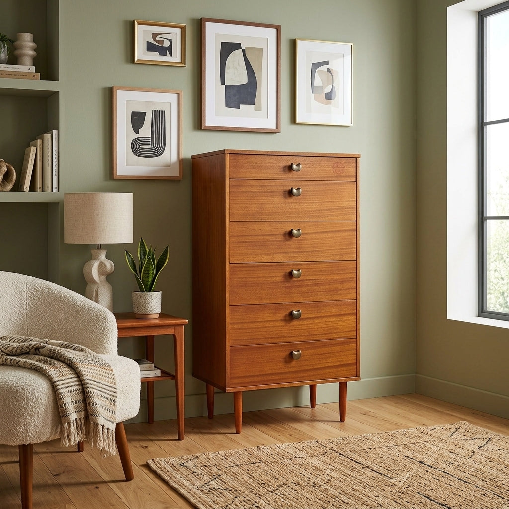 A mid-century modern wooden chest of drawers with five drawers and small metal knobs, styled in a sage green living room next to a white armchair and side table.