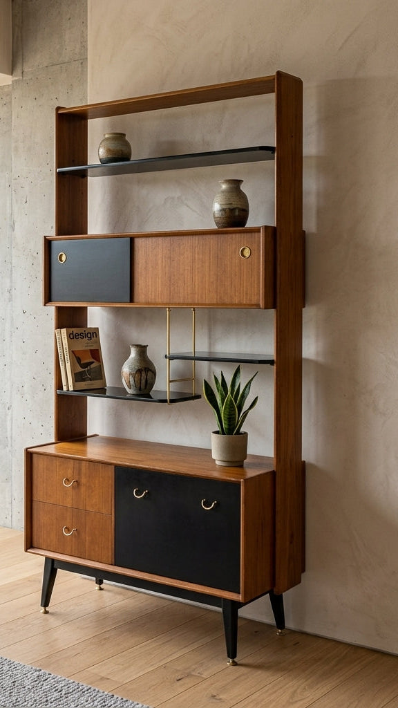 A mid-century modern wooden bookcase and credenza stand in a styled room with concrete walls, wood floors, and a large window. The furniture features warm medium-brown wood, black drawer fronts, and brass hardware.