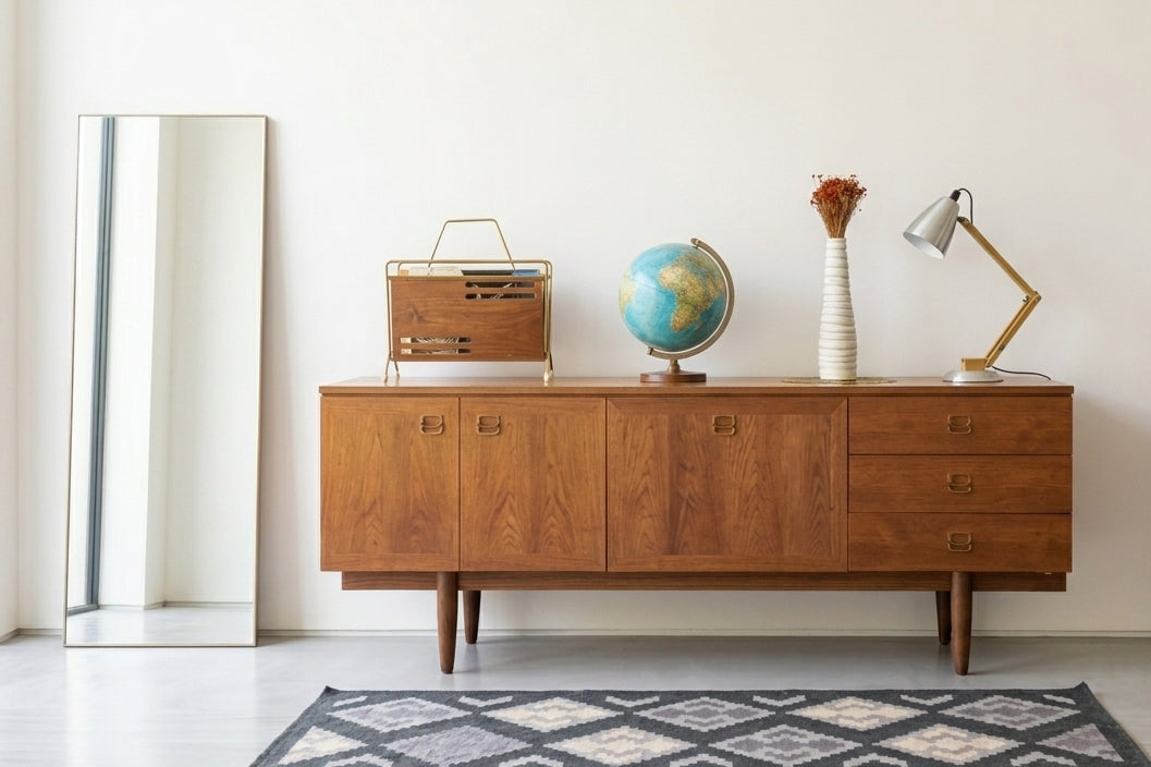 A mid-century modern wooden sideboard cabinet with a matching tall chest of drawers, styled in a bright minimalist room with a mirror, globe, lamp, and vase.
