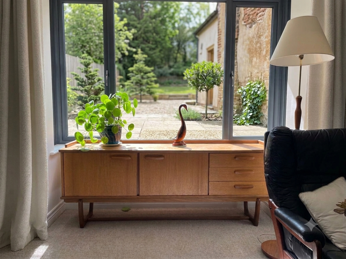A mid-century modern wooden sideboard or credenza with three cabinet doors and two drawers, styled in a living room setting with a potted plant and decorative swan figurine on top, set against a large window looking out onto a garden.