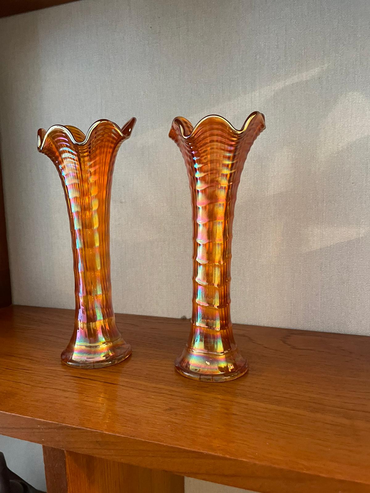 Pair of vintage marigold carnival glass vases