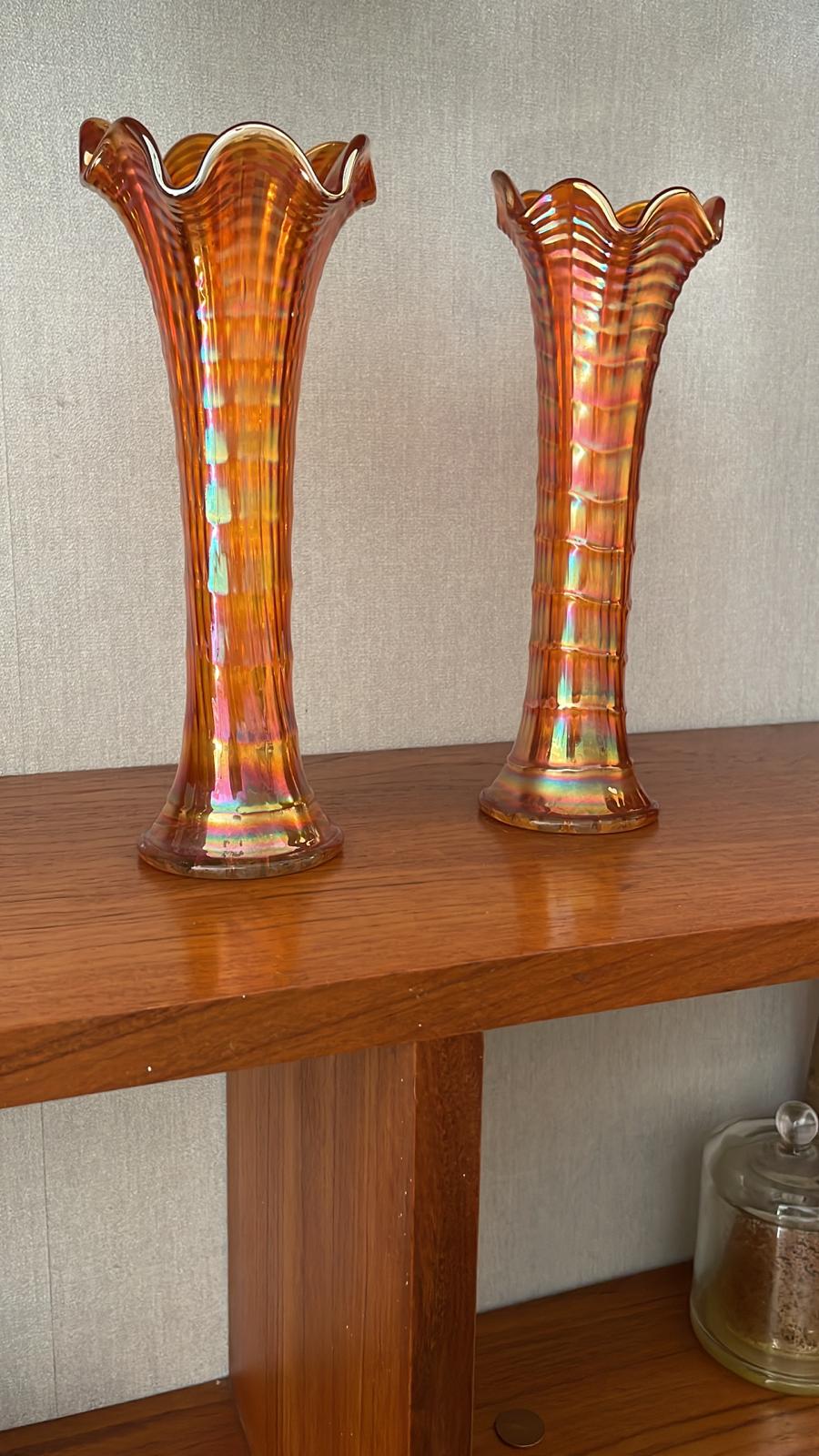 Pair of vintage marigold carnival glass vases
