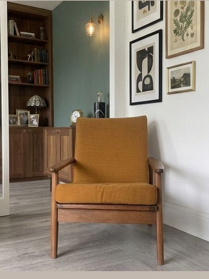 mid century armchair with mustard fabric - Grace and Joy Furniture