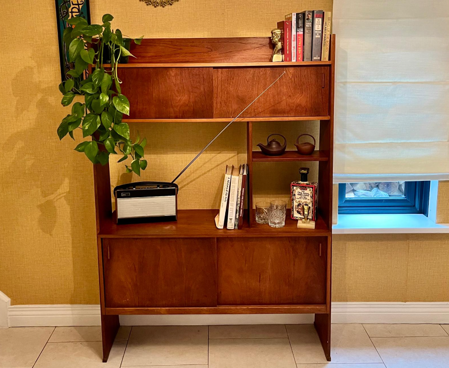 A mid-century modern wooden room divider or bookcase with a warm reddish-brown finish, styled with books, a small plant, and a hanging green leafy vine in a home interior.