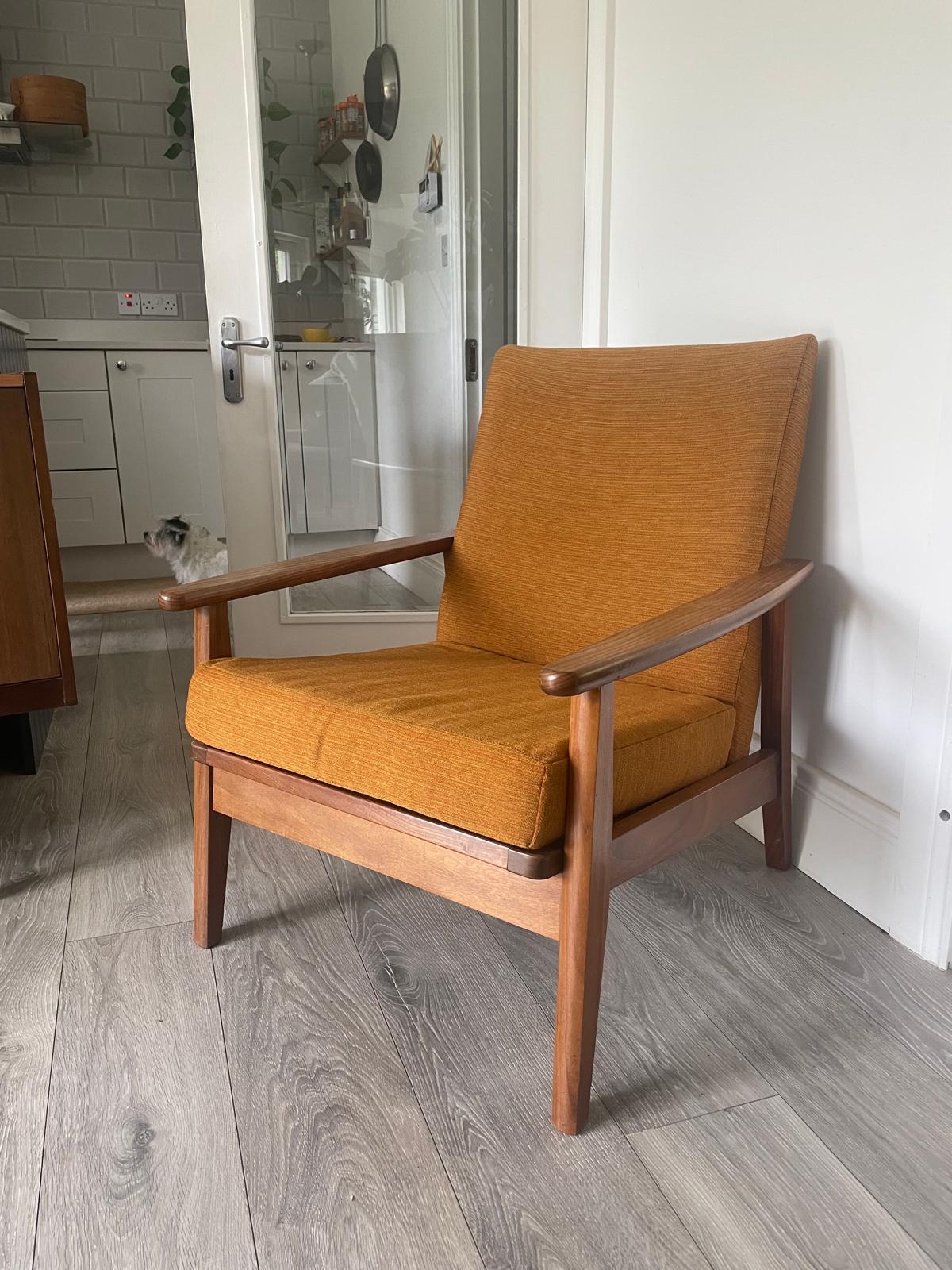 mid century armchair with a mustard cushion - Grace and Joy