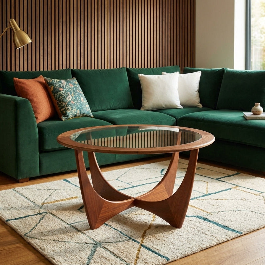 A modern living room setup featuring a plush green sectional sofa with decorative throw pillows, a round G -Plan Astro wooden coffee table with a glass top, a patterned rug, and a tall brass floor lamp against a wood slat wall.