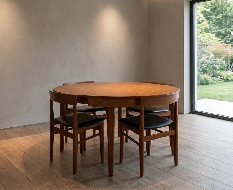 A mid century wooden McIntosh dining table with four matching wooden chairs featuring black upholstered seats, set in a minimalist dining room with textured beige walls, light wood flooring, and a large glass sliding door overlooking a green garden.