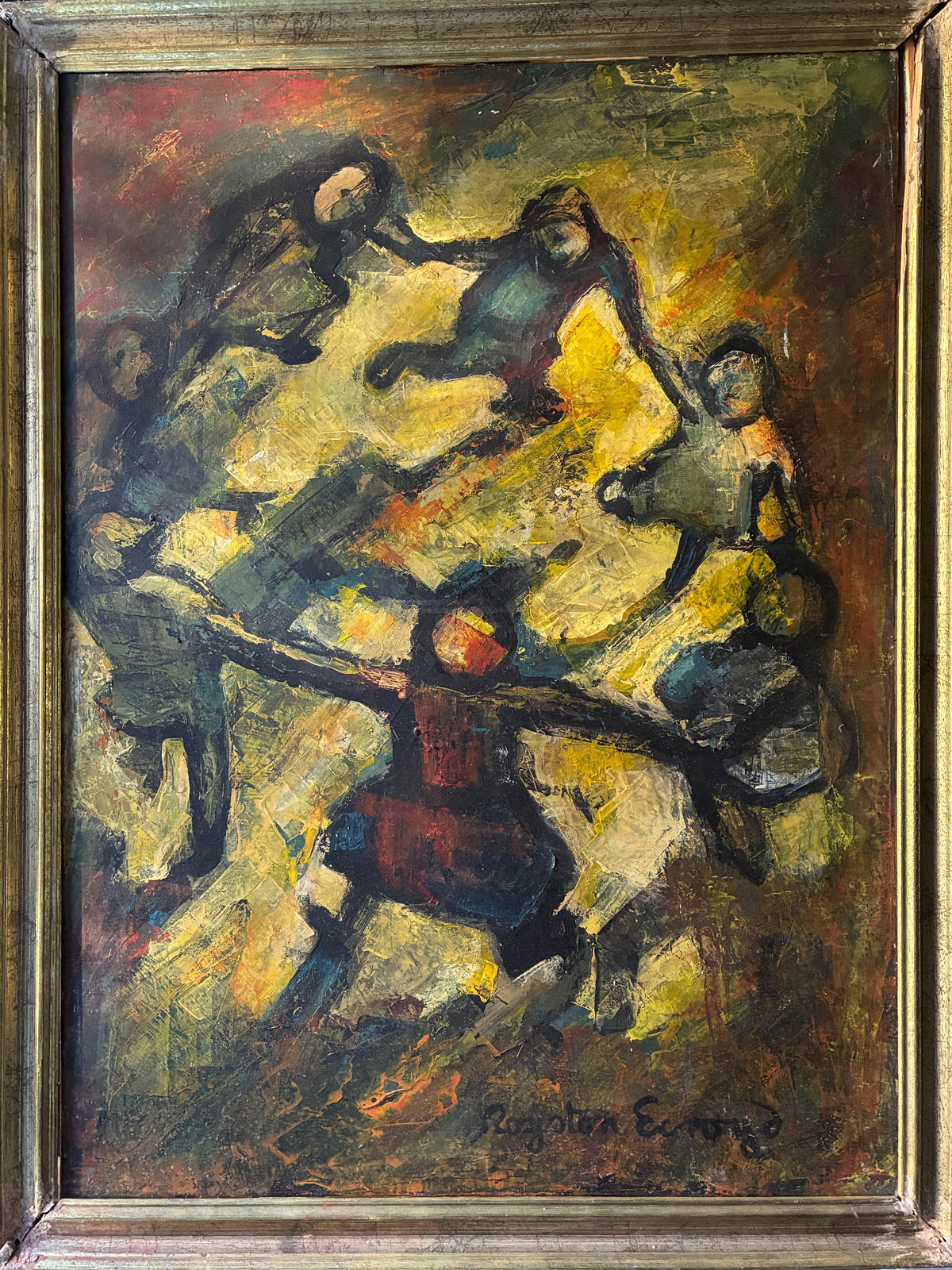 A framed expressionist royston ecroyd painting depicting figures dancing in a circle, featuring a textured palette of yellow, green, brown, and red. The painting is housed in a thick, distressed gold frame and is photographed leaning against a white wall near a window.