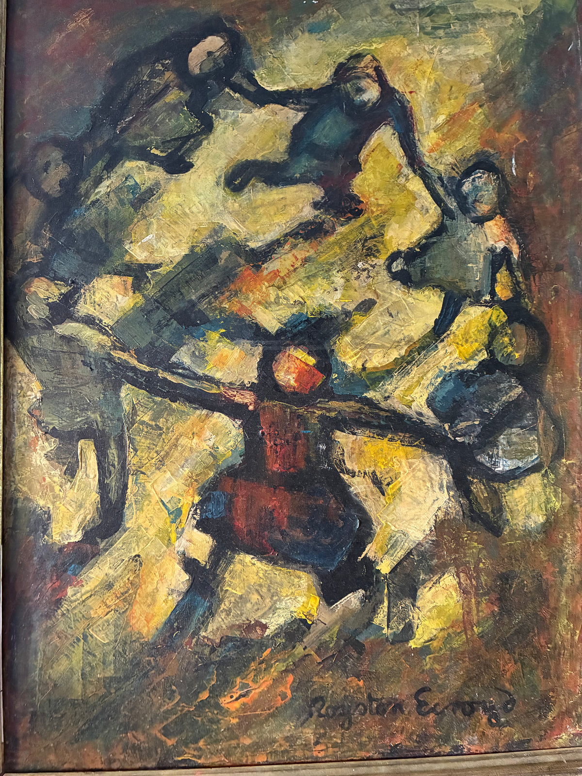 An abstract royston ecroyd painting depicting figures in motion, rendered with thick impasto brushstrokes in yellow, brown, blue, red, and black.