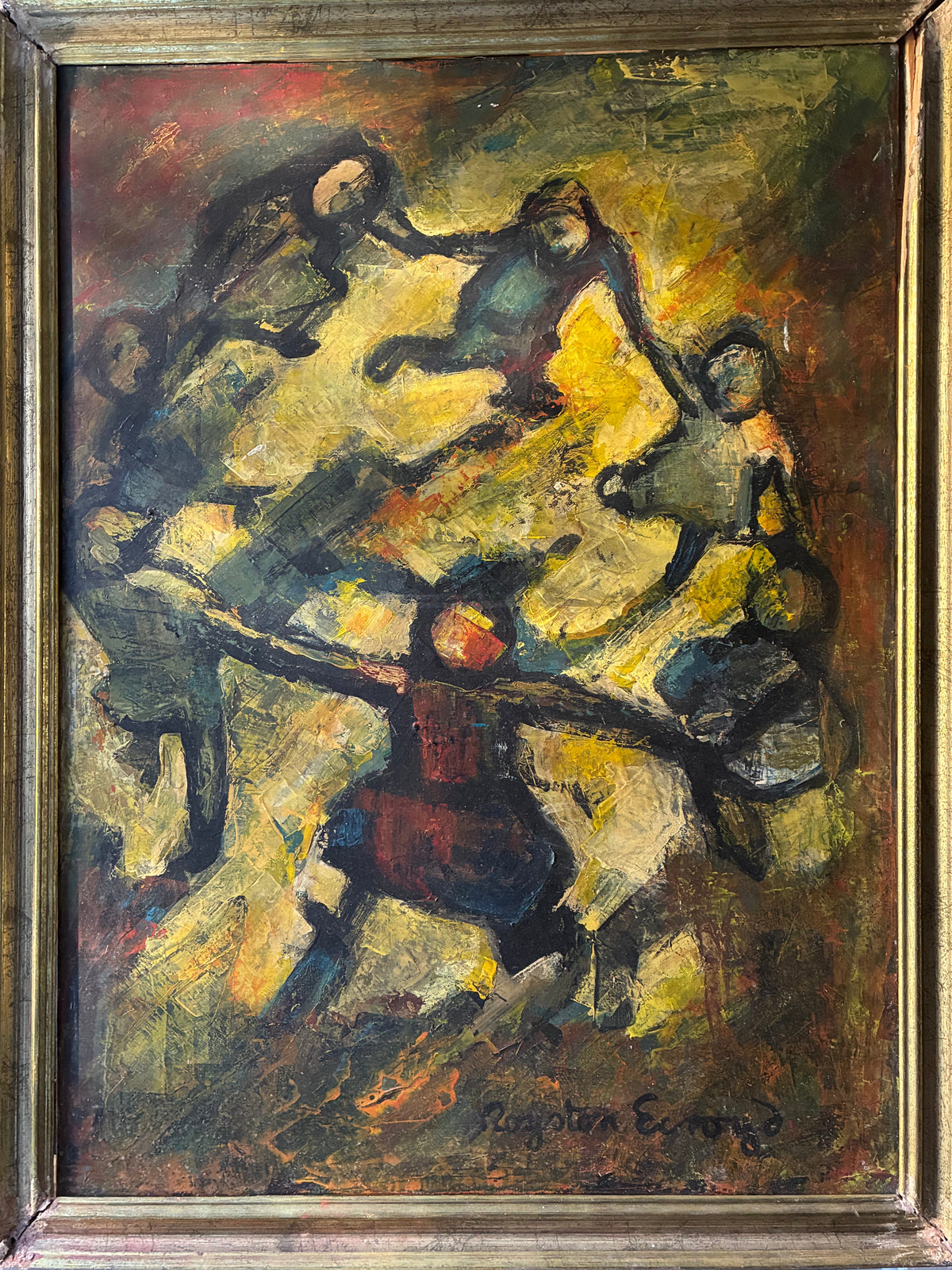 A framed Royston Ecroyd expressionist painting depicting figures dancing in a circle, featuring bold brushstrokes in yellow, brown, red, and black, housed in a distressed gold frame.