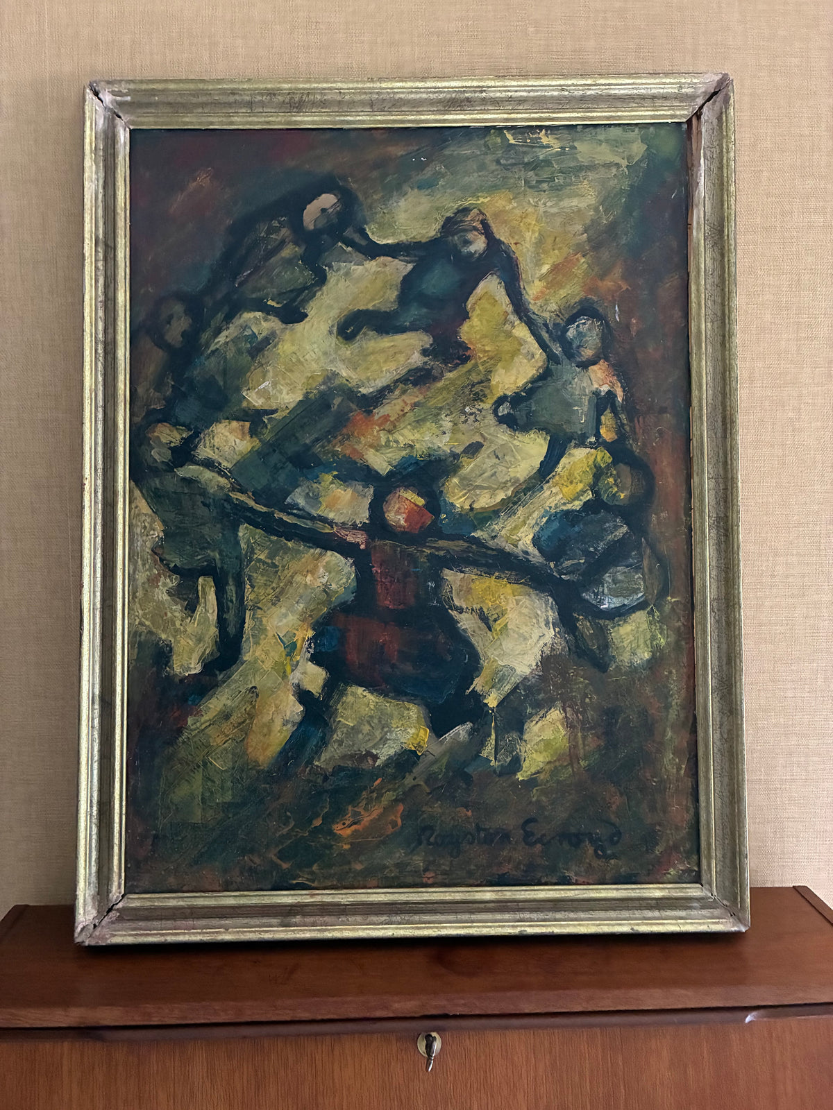 A framed oil painting by Royston Ecroyd depicting several stylized figures in motion against a textured yellow, brown, and black background, enclosed in a gold-toned frame.