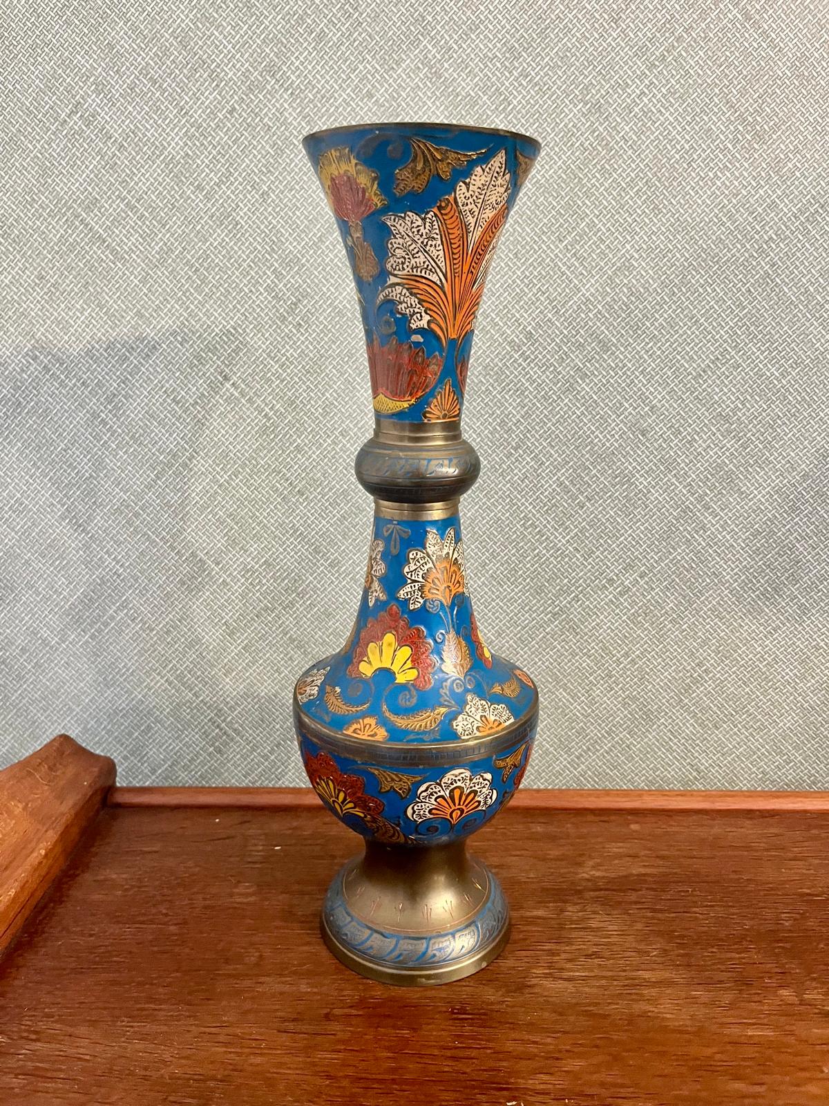 A pair of Indian enamelled brass vases