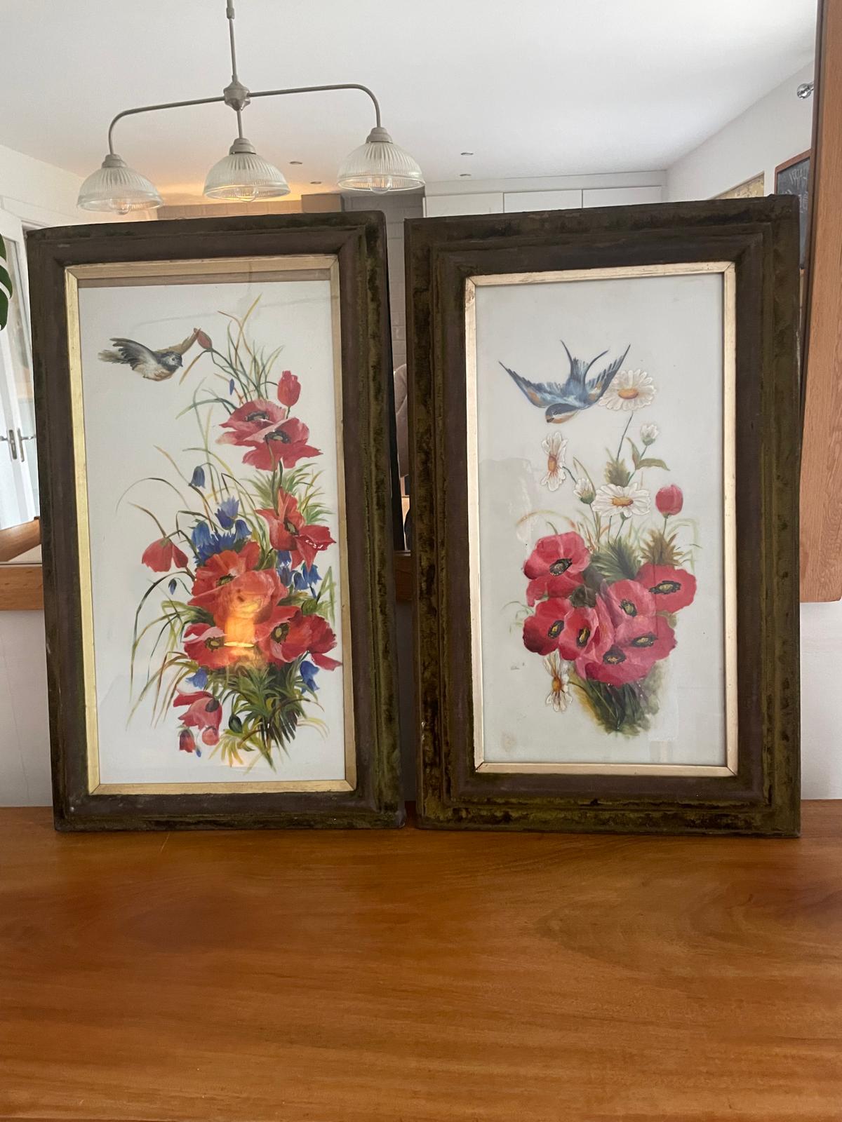 Painted milk glass framed pictures