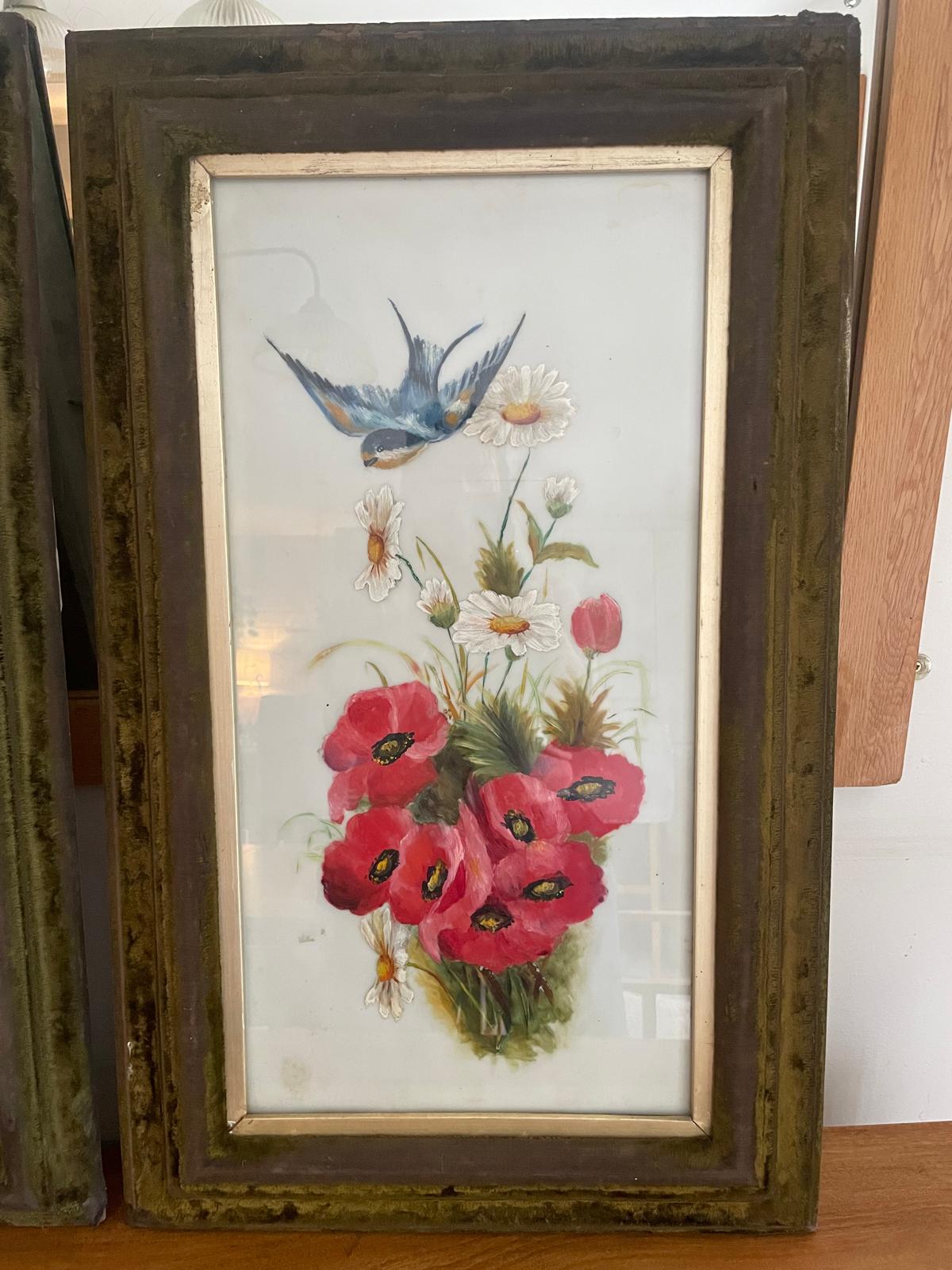 Painted milk glass framed pictures