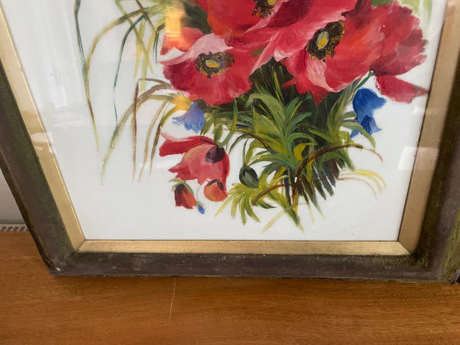 Painted milk glass framed pictures